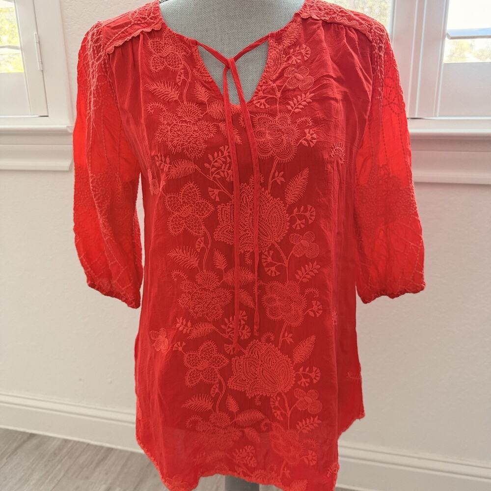 Johnny Was Red Jolie Selena Embroidered Floral Silk Tunic Blouse XXS Bohemian